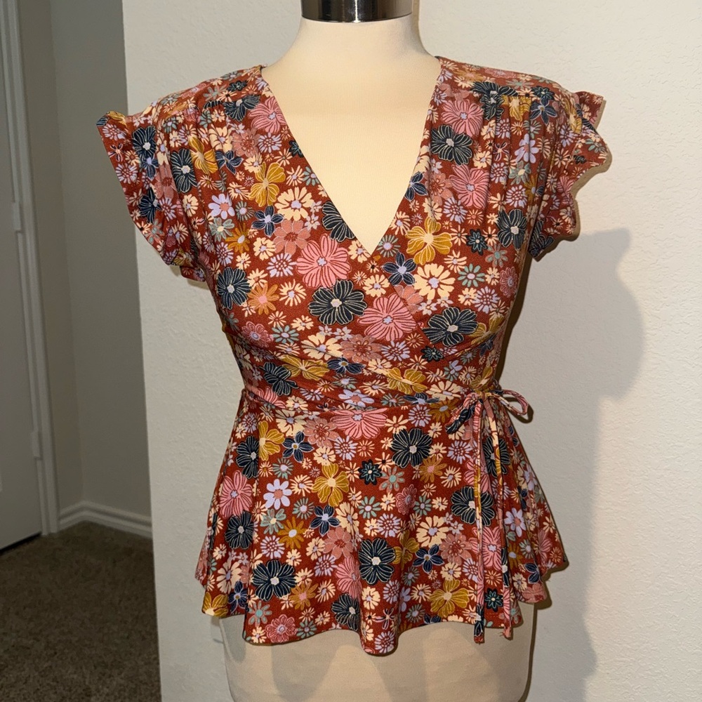 Monteau Floral Flutter Sleeve Wrap Blouse